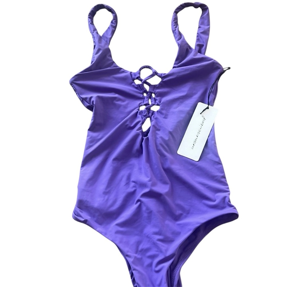 NEW NWT unsubscribed lace up one piece solid purple swimsuit size XXS